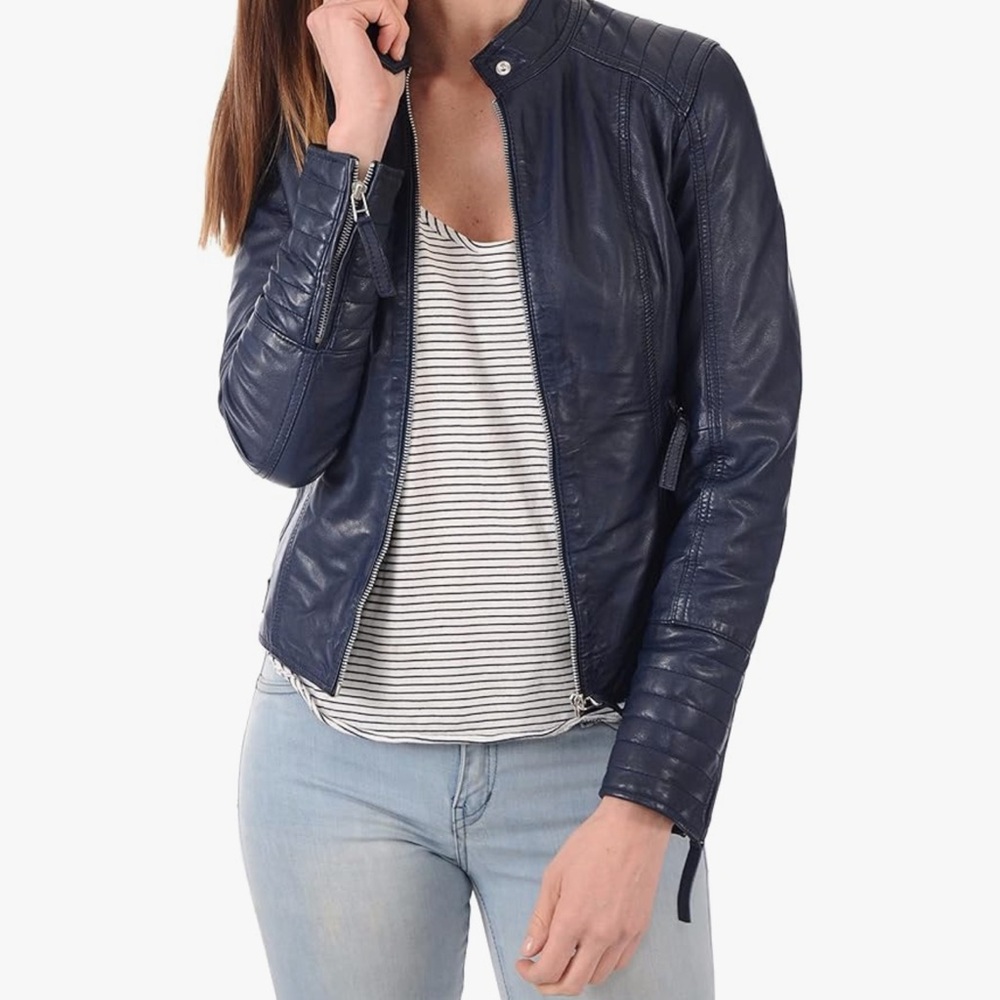 MWT Classic Navy Faux Leather Moto Jacket - Women's Dmall.
